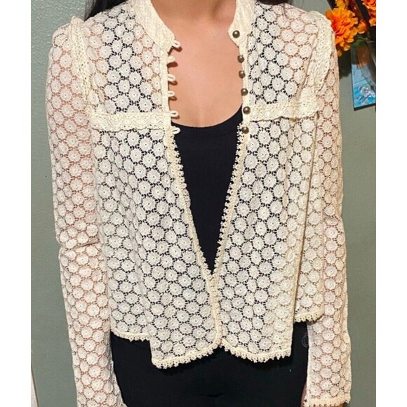Free People Blouse Ivory Victorian Ruffle Lace Floral JacketCrochet Brass Med. - Picture 2 of 16